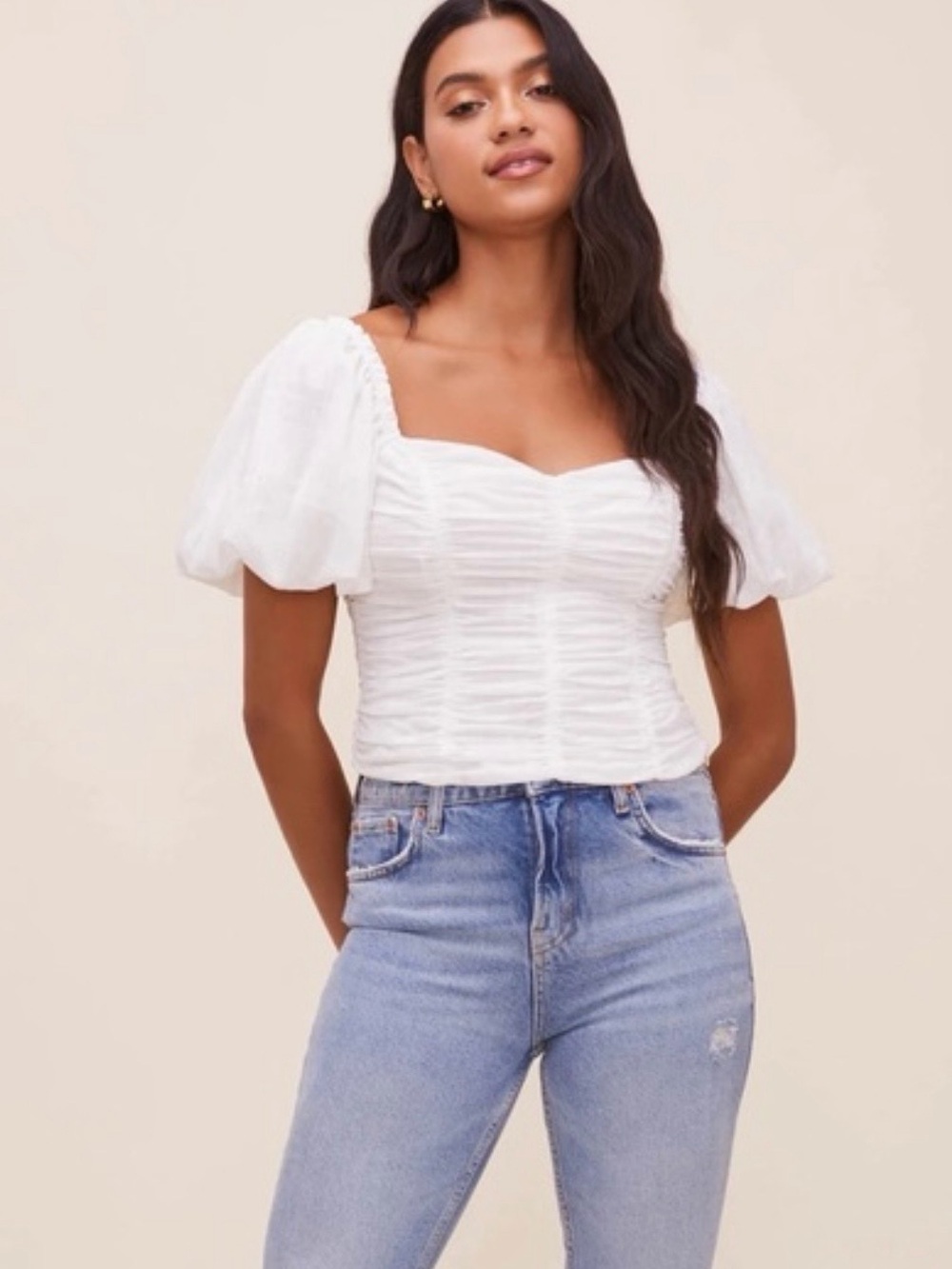 Small Astr White Puff-Sleeve Ruched Sweetheart Top
